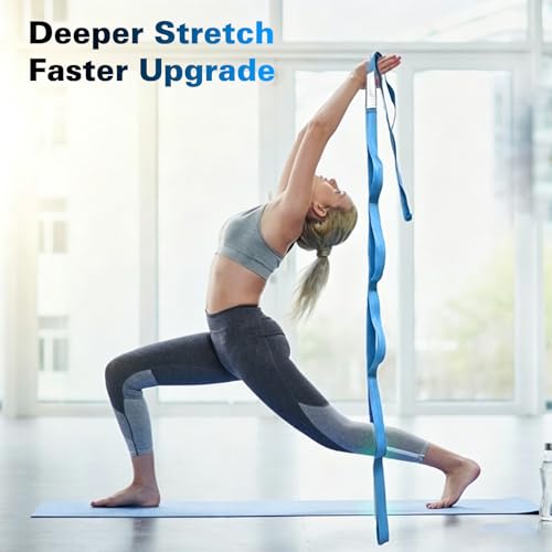 Stretching Strap with 10 Loops Non-Elastic Yoga Strap for Physical Therapy Pilates Dance Gymnastics Stretch Band for Daily Flexibility Routine at Home Gym Travel Includes Exercise Guide - color: Blue