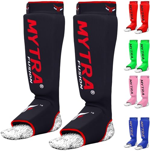 Mytra Fusion Shin Pads Instep Protector Kick Boxing Muay Thai Training Elasticated shin Guards - color: Black, size: Small-Medium