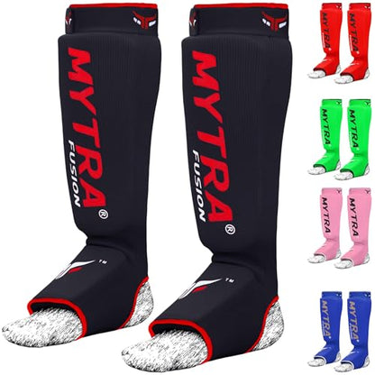 Mytra Fusion Shin Pads Instep Protector Kick Boxing Muay Thai Training Elasticated shin Guards - color: Black, size: Large-X-Large
