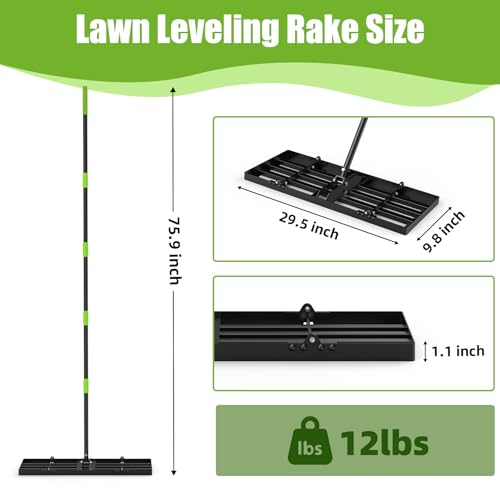 GARDTECH 16x10 Inch Lawn Leveling Rake Heavy Duty Adjustable Handle Yard Tool – Reinforced Steel Landscape Rake for Lawn Leveling, Soil Grading, Golf Course & Backyard Care - size: 16''x10''