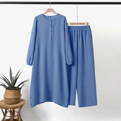 IDOPIP Women's Muslim Abaya Dress 2 Pieces Set Long Sleeve Button Down Shirt and Pants Casual Arabic Islamic Dubai Outfits - color: Blue, size: Small