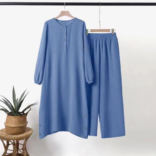 IDOPIP Women's Muslim Abaya Dress 2 Pieces Set Long Sleeve Button Down Shirt and Pants Casual Arabic Islamic Dubai Outfits - color: Blue, size: 4X-Large