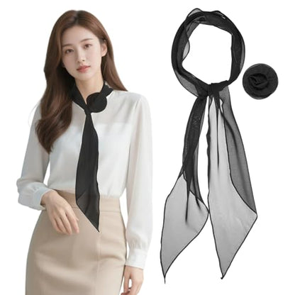 Chiffon Scarf for Women, Long Skinny Chiffon Neckerchief with Detachable Rose Flower Light Soft for Hair Ribbon - color: Black