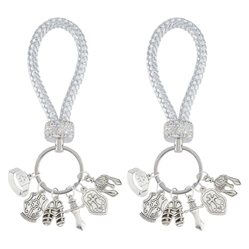 SUPERFINDINGS 2Pcs Christian Armor of God Keychain Antique Silver Braided Keychain Armor Cap Warrior Theme Charm with Keyring and Leather Top for Car Keyring DIY Ornament Bag Decoration