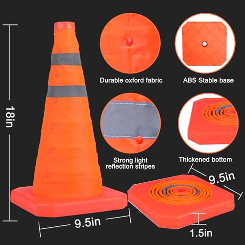 TENKAIWICK 18 Inch 6 Pack Traffic Cones,Collapsible Safety Cones,Multi Purpose Pop-up Cones with Reflective Collar,Orange Cones for Parking lot, Driveway, Driving Training etc - size: 18Inch