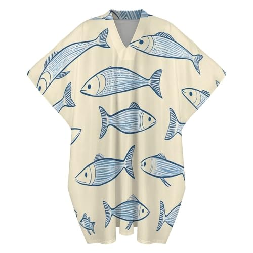 Sardine Fish Men's Kaftan Thobe V-Neck Long Gown Loose Robe - size: Large