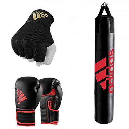 adidas Home Gym Bundle - Home use Heavy Bag (Black White, Black Gold, Black Red / 3ft, 4ft, 5ft) + Hybrid 80 Boxing Gloves (Black White, Black Red, Black Gold / 8oz, 12oz, 16oz) + Protective Inner gloves (Black Gold / Medium) – for Boxing, Training, Fitne