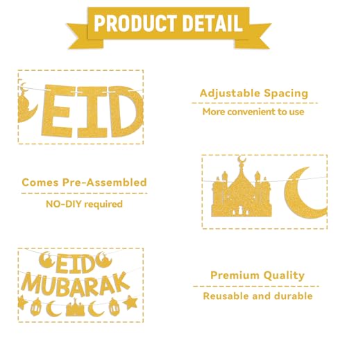 Eid Mubarak Banner - Ramadan Mubarak Decor, Happy Eid Sign, Islamic Festiva Party Decorations Gold Glitter