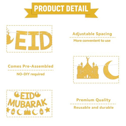 Eid Mubarak Banner - Ramadan Mubarak Decor, Happy Eid Sign, Islamic Festiva Party Decorations Gold Glitter