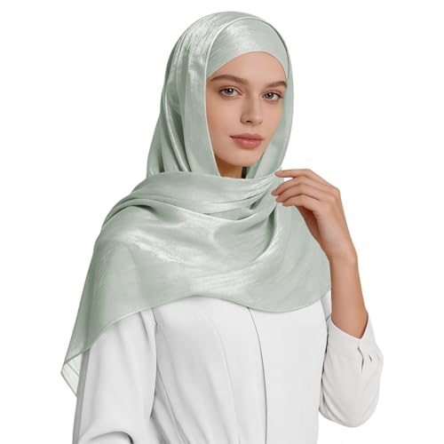 Premium Hijab Head Scarf for Women Lightweight Shimmer Hijab Head Wrap Scarves Crepe Satin Scarf Shawl Wrap - color: Light Green