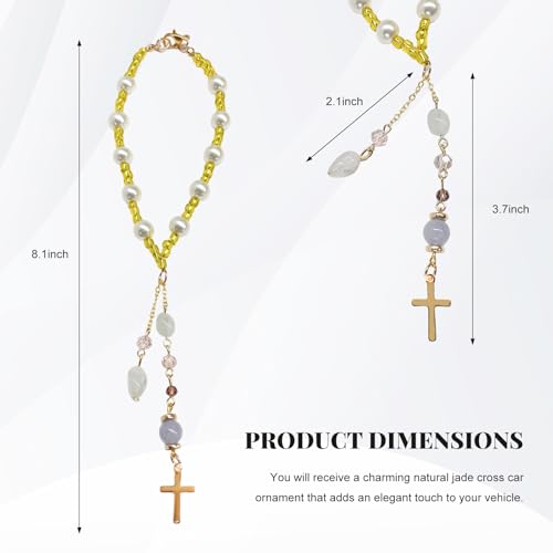 Natural Jade Cross Car Hanging Ornament, Religious Handmade Rearview Mirror Pendant with Pearl, Christian Rear View Mirror Charm Glass Beaded Hanging Accessories for Women Men