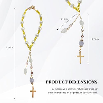 Natural Jade Cross Car Hanging Ornament, Religious Handmade Rearview Mirror Pendant with Pearl, Christian Rear View Mirror Charm Glass Beaded Hanging Accessories for Women Men