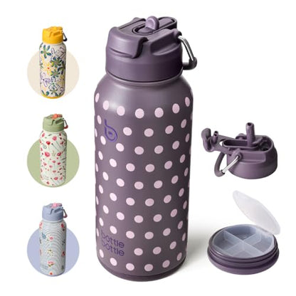 BOTTLE BOTTLE 32oz Insulated Water Bottle with Pill Box | Stainless Steel,Sport Water Bottle, with Straw Dual-use Lid and Pill Box, Design for Gym - color: Dancing Dots