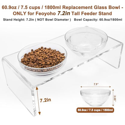 Replacement Glass Bowl for Feoyoho 7.2in Feeder Stand – 60.9 oz / 7.5 Cups (Replacement Only), Dishwasher & Microwave Safe - size: For 7.2ʺ Tall Stand (Large, 60.9 oz)