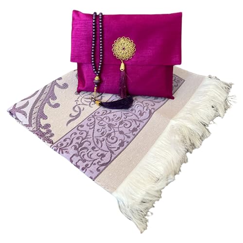 Muslim Prayer Rug and Beads with Elegant Slub Fabric Bag | Janamaz | Sajadah | Soft Islamic Prayer Rug | Islamic & Mawlid Gifts | Prayer Carpet Mat, Taffeta Fabric (Purple, 20 Sets) - color: Purple, size: 20 Sets