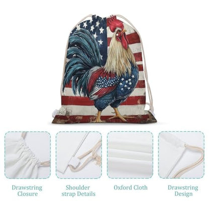 Rooster And American Flag Drawstring Backpack Canvas String Bag Lightweight Sports Gym Bag for Men Women - color: Color-2