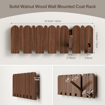 Walnut Wood Coat Rack Wall Mount,16.5" Wall Mounted Coat Rack with 8 Retractable Hangers,Heavy Duty Coat Hooks for Hanging Coats,Hats,Towels,Bags,Key Holder for Entryway - color: Walnut