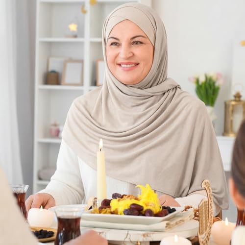 Handepo 2 Pcs Instant Hijab Jersey Hijab for Women Muslim Head Scarf Soft Lightweight Long Stretch Scarf Shawl Wrap - color: Black, Beige