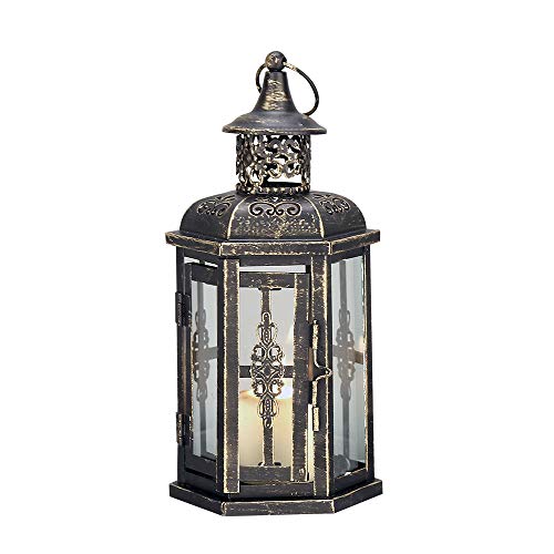 JHY DESIGN Decorative Lanterns-10inch High Vintage Style Hanging Lantern, Metal Candleholder for Indoor Outdoor, Events, Parities and Weddings(Black with Gold Brush) - color: Black