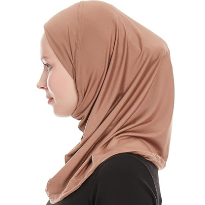 Plain Ready To Wear Amira Hijab for Women - Muslim Instant Amira Jersey Scarf – Soft Muslim One Piece Instant Hijab Headscarf - color: Brown