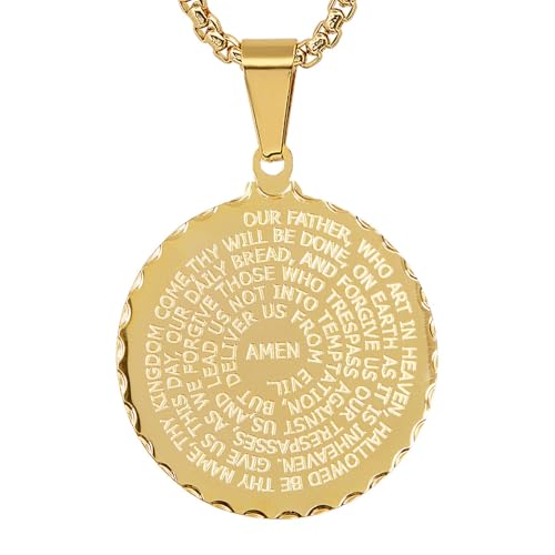 Steeltime Stainless Steel Lords Prayer Necklace with Simulated Diamonds - color: Gold, style: Round Pendant