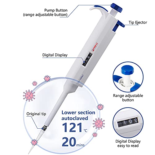 FOUR E'S SCIENTIFIC 10-100μL Pipette, Adjustable Volume Micropipette | Single-Channel Pipettor, Ergonomic Design, Precise Volume Dial - size: 05 (10-100uL)