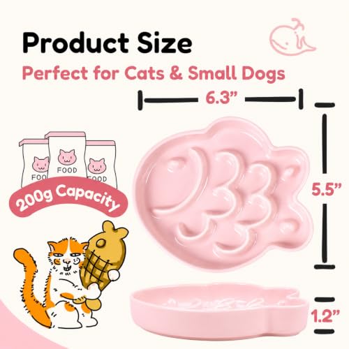 Ceramic Cat Slow Feeder Bowl - Shallow Whisker Friendly Cat Plate for Dry and Wet Food - Puzzle Feeder for Slow Eating - Helps Reduce Vomiting - Microwave & Dishwasher Safe -Non Slip(Pink, 6.3''W) - color: Pink