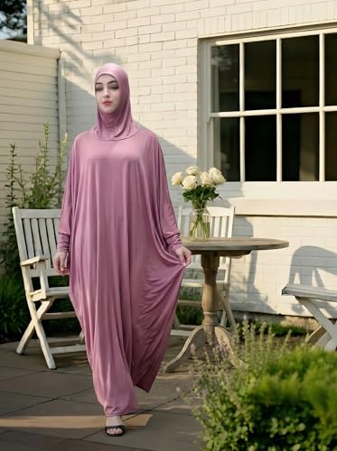 Women's Solid Muslim One-Piece Prayer Dress Abaya Kaftan with Hijab Full Length Dress - color: Light Purple