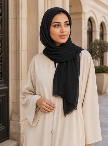 Cotton Linen Plain Hijab Scarf For Women,Muslim Viscose Crinkle Edge With Fringe,Summer Beach Wrap Headwraps Shawl - color: 1#black