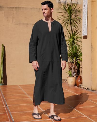 YAOHUOLE Men's Kaftan Thobe Long Sleeve Men Thobe Robe Side Split Men Thobe with Pockets Casual Thobe - color: Black-long Sleeve, size: 3X-Large