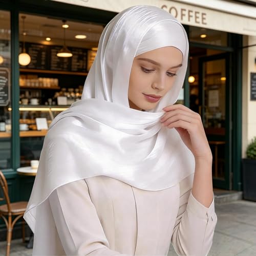 Premium Hijab Head Scarf for Women Lightweight Shimmer Hijab Head Wrap Scarves Crepe Satin Scarf Shawl Wrap - color: White