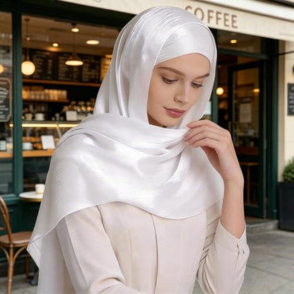 Premium Hijab Head Scarf for Women Lightweight Shimmer Hijab Head Wrap Scarves Crepe Satin Scarf Shawl Wrap - color: White