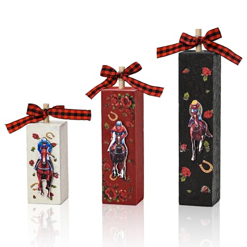 Smile Jockey Wooden Block Decor Set, 3-Piece Multi-Color Horse Racing & Rose Themed Tiered Tray Tabletop Signs for Horse Racing Party Decorations - style: Rorses