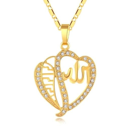 Exquisite Shining Zircon Love Heart Islamic Muslim Quran Allah Pendant Necklace for Women Fashion Hip Hop Ramadhan Jewelry