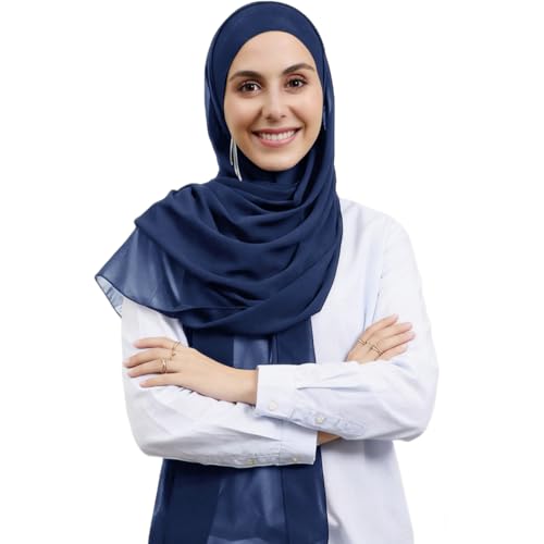Instant Hijab Set 3-in-1 Chiffon Hijab Scarf for Women with Built-in Magnets and Undercap Head Wraps - color: Navy