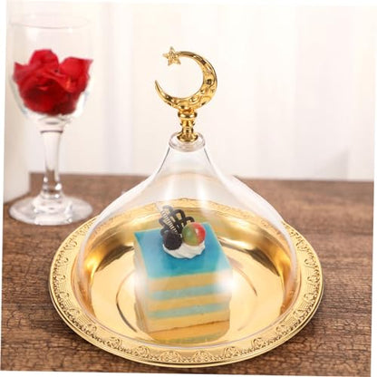 TIDTALEO 1 Set Dessert Plate eid Ramadan Food Tray Ramadan Food Plate Cake Serving Platter Snack Holder Cake Stand with Dome Serving Tray appertizer Salad Bowl with Cover Zinc Alloy