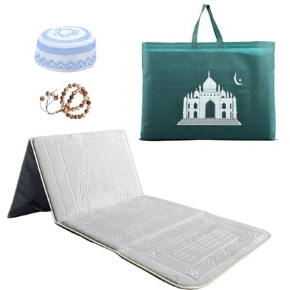 Foldable Muslim Prayer Mat with Back Rest Support, Thick Padded Islamic Prayer Rug, Travel Portable Carpet for Women Men, janamaz, Sajadah, Meditation Prayer Ramadan Eid Gift with Hat and 33 Beads - color: GREY