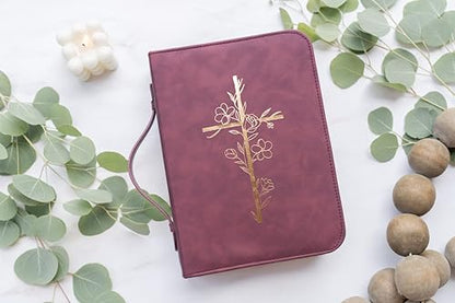 Bible Cover Case for Women - Minimalist Design Debossed Bible Case, Large Bible Covers for Women – Bible Accessories (Burgundy Gold Cross)
