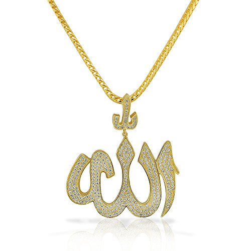 925 Sterling Silver CZ Large Hip-Hop Religious Muslim Islam God Allah Pendant Necklace - color: Yellow
