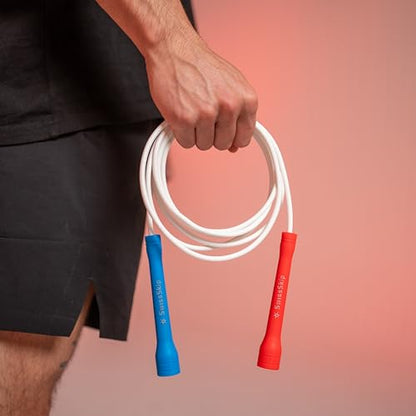 Swissskip Speed Jump Rope by Dayan Kolev, 5mm PVC Skipping Rope, Great for Beginners and Advanced Athlets, Designed for Fitness, Cardio, Boxing & CrossFit, Adjustable length with Unbreakable Handles - color: White with Red and Blue Handles