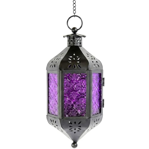 Vela Lanterns Decorative Indoor Moroccan Hanging Candle Holder, Purple, M | Halloween Lantern & Vampire Decor, Gothic Witchy Whimsigoth Home, Metal Lamp, Purple Glass, 12" Chain - color: Purple, size: Medium