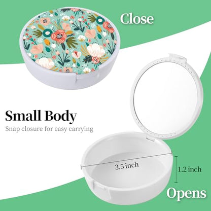 Retainer Case, Denture & Orthodontic Aligner Case With Mirror & Ventilation,Light Green Flower - color: Light Green Flower