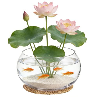 Lotus Bowl Planter with Rattan Mat, 10 in Round Glass Vase Bowl | Clear Glass , Open-Top Hydroponic Design, Handwoven Rattan Mat, For Lotus, Water Greens, Fish Bowl And Table Decor