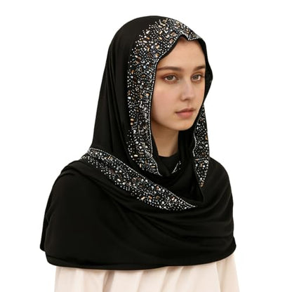 IPENNY Women's Hijab Scarf - Rhinestone Embellished, Soft Lightweight & Versatile for Daily Wear, Prayer, Special Occasions - color: Black