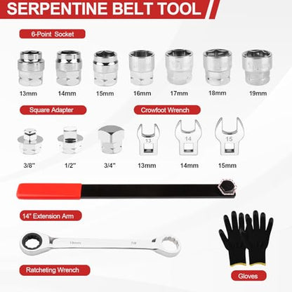 15PCS Serpentine Belt Tool Kit for Belt Removal & Installation | Professional Serpentine Belt Tensioner Tool Kit with Ratcheting Wrench, 13-19mm Sockets, Crowfoot Wrenches, CR-V Steel