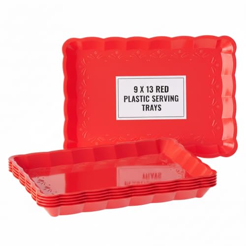6 Pack Red Plastic Serving Trays for Party, 9 x 13 Inch - Heavy Duty Plastic Trays for Food - Rectangular Party Serving Trays and Platters - Red Disposable Trays - color: Red