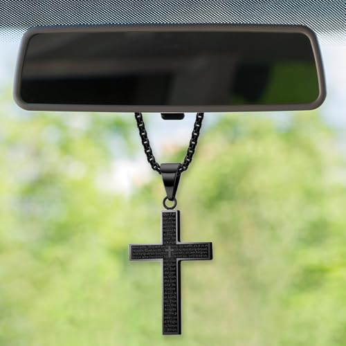 Cross Car Rear View Mirror Charm, Titanium Steel Automotive Mirrors Hanging Pendant, Religious Cross Necklace Ornament with Bible Verse, Vehicle Interior Decoration for Men, Women(Black) - color: Black