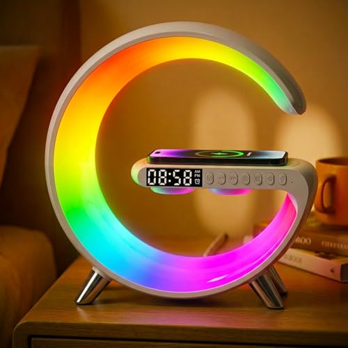 Smart LED Table Lamp Alarm Clock for Bedroom with Wireless Charging Bluetooth Speaker, App Controlled Night Light for Kids, Christmas Birthday Gifts for Teens Adults Desk Office Bedroom Decor (White） - color: White