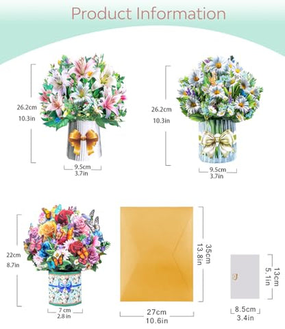 3D Pop Up Flower Bouquet Cards with 3 Envelopes & Blank Notecards, Featuring Multicolor Roses & Butterflies, White Daisies & Lavender, Pink & White Lilies for Birthday, Mother's Day, Get Well, Anniversary,All Occasions - style: ‎Roses Lilies Daisies
