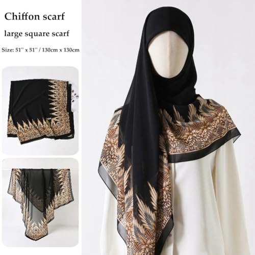 K-Elewon Large Square Scarf 51" Headscarf Chiffon Fashion Scarves Turbans Hair Wrapping Scarfs - color: B-black